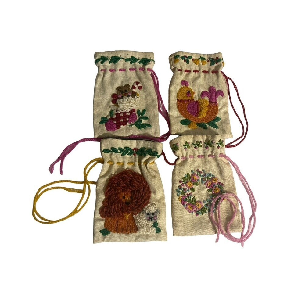 Vintage Hand Embroidered Jewelry Bag Lot Of 4 Lion Sheep Bear Flowers RARE